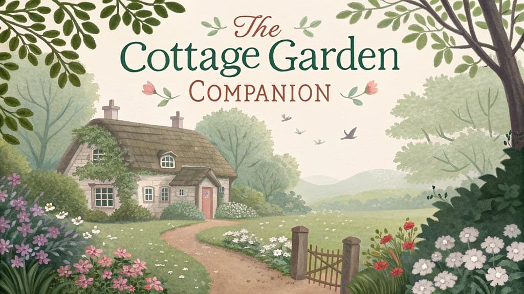 A painted cottage garden: a thatched stone cottage among flower borders and a winding path, beneath the title “The Cottage Garden Companion.”
